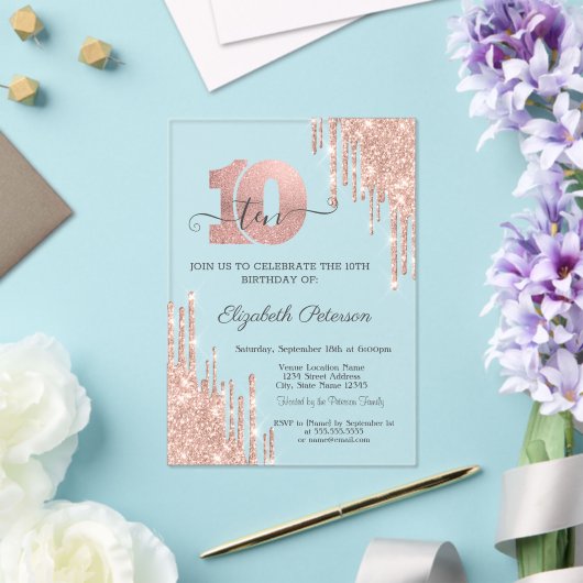 Invitations En Acrylique Rose Gold Parties scintillant Drips Rose Gold 10e (Insitu (Mariage))