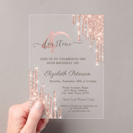 Invitations En Acrylique Rose Gold Parties scintillant Drips Rose Gold 40e (In situ (ordinateur de poche))