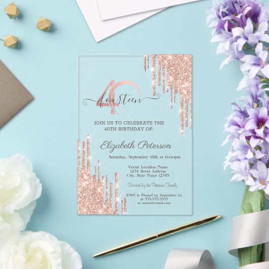 Invitations En Acrylique Rose Gold Parties scintillant Drips Rose Gold 40e  (Insitu (Mariage))