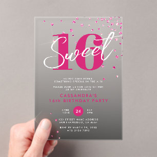 Invitations En Acrylique Rose Gold Rose & Black Sweet 16 Anniversaire