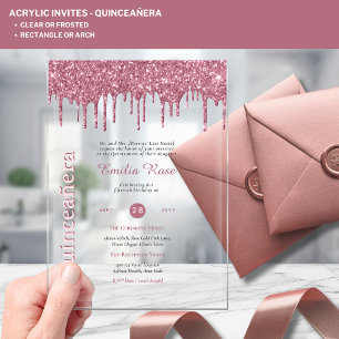 Invitations En Acrylique Rose Gold rose de Quinceanera en acrylique et pail