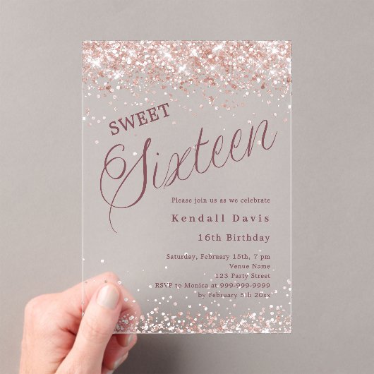 Invitations En Acrylique Rose gold script modern Sweet 16 clear (In situ (ordinateur de poche))
