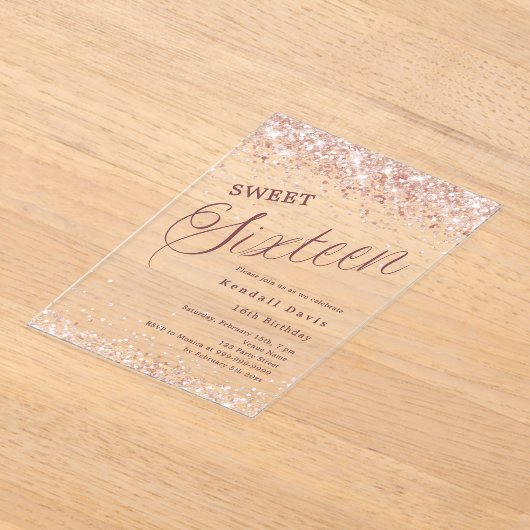 Invitations En Acrylique Rose gold script modern Sweet 16 clear (Poser)