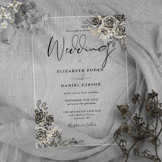 Invitations En Acrylique Rose gothique Floral Noir et Mariage or
