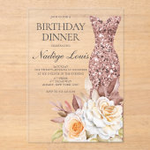Invitations En Acrylique Rose moderne doré rose florale robe Anniversaire (Recto)