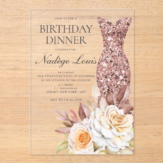 Invitations En Acrylique Rose moderne doré rose florale robe Anniversaire (Recto)