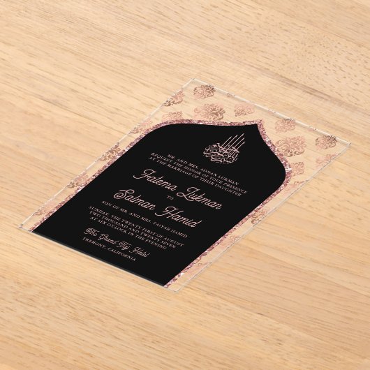 Invitations En Acrylique Rose noir or Damask Arch Mariage musulman (Poser)