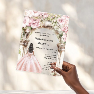 Invitations En Acrylique Rose or rose florale robe arc Sweet 16