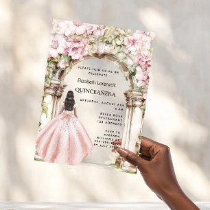 Invitations En Acrylique Rose or rose florales robe d'arc Quinceanera
