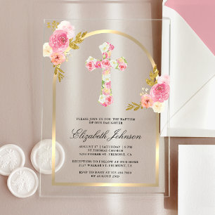Invitations En Acrylique Rose Pâle Floral Doré Arche Baptême