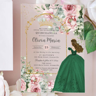 Invitations En Acrylique Rose Pâle Floral Émeraude Quinceañera 16 Ans