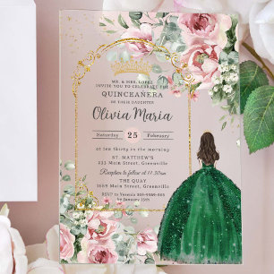 Invitations En Acrylique Rose Pâle Floral Émeraude Quinceañera Douze 16 15