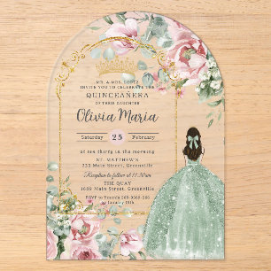 Invitations En Acrylique Rose Pâle Floral Vert Sauge Quinceañera Douze Ans