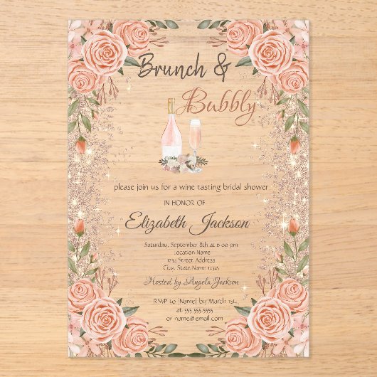 Invitations En Acrylique Rose Parties scintillant or Poussière Brunch Rose  (Recto)