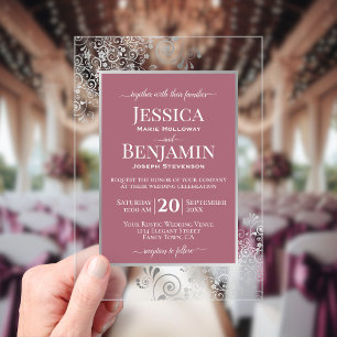 Invitations En Acrylique Rose Poussiéreuse Élégante & Mariage Texte Stylé A