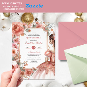 Invitations En Acrylique Rose Poussiéreuse Robe de Quinceañera en Or Floral