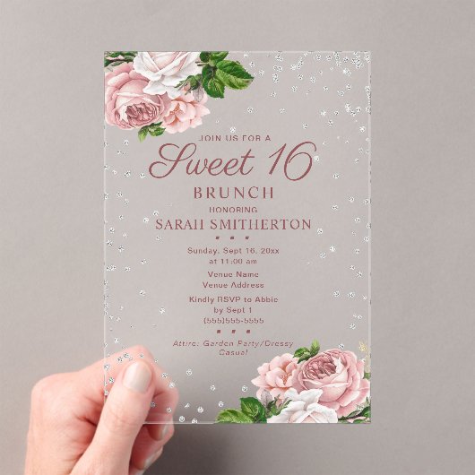 Invitations En Acrylique Rose rose Floral Parties scintillant d'argent doux (In situ (ordinateur de poche))