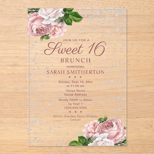 Invitations En Acrylique Rose rose Floral Parties scintillant d'argent doux (Recto)