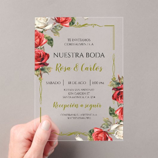 Invitations En Acrylique Rose Rose Mariage Espagnol (In situ (ordinateur de poche))