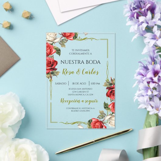 Invitations En Acrylique Rose Rose Mariage Espagnol (Insitu (Mariage))
