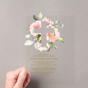 Invitations En Acrylique Rose rose poudré & Croix Blanche Fille Baptême