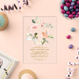 Invitations En Acrylique Rose rose poudré & Croix blanche pour baptême de f