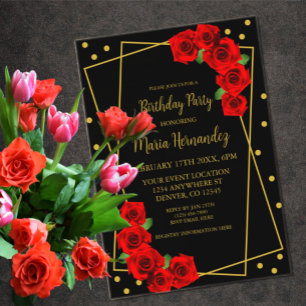 Invitations En Acrylique Rose rouge Anniversaire noir et or