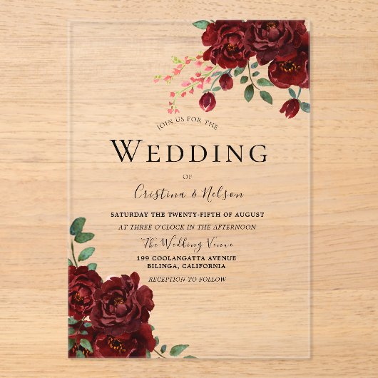 Invitations En Acrylique Rose rouge Mariage floral romantique (Recto)