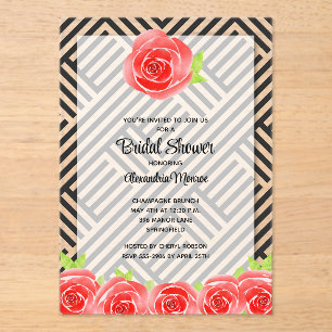 Invitations En Acrylique Rose rouge sur la Fête des mariées des rayures
