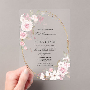 Invitations En Acrylique Rose Rustique Rose Floral Première Communion Saint