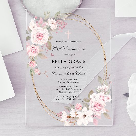 Invitations En Acrylique Rose Rustique Rose Floral Première Communion Saint