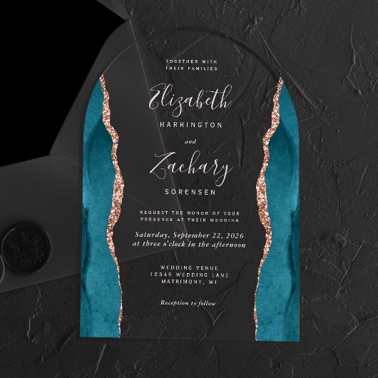 Invitations En Acrylique Rose Turquoise moderne Gold Agate Pink Texte Arch