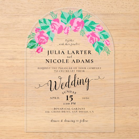 Invitations En Acrylique Rose Vert Rose Pétales Fleurs Jardin Mariage (Recto)