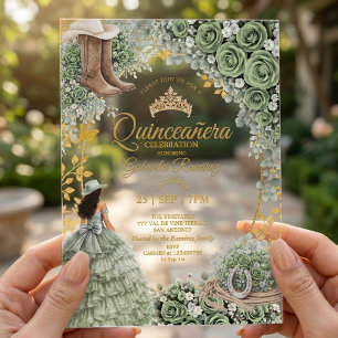 Invitations En Acrylique Rose verte sage occidentale dorée Quinceañera de c