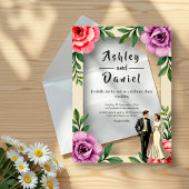 Invitations En Acrylique Rose violet Roses Couple Aquarelle Mariage Floral