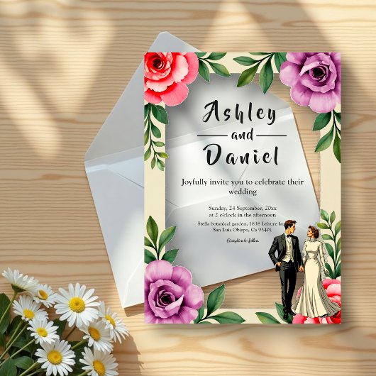 Invitations En Acrylique Rose violet Roses Couple Aquarelle Mariage Floral