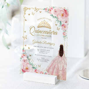 Invitations En Acrylique Roses aquarelle rose blush Quinceanera or