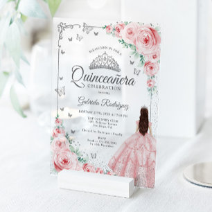 Invitations En Acrylique Roses aquarelle rose poudré Quinceanera argenté