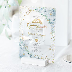 Invitations En Acrylique Roses Aquarelles Bleu Bébé Floral Quinceanera