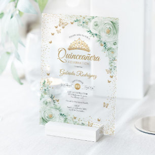 Invitations En Acrylique Roses aquarelles Quinceanera floral vert sauge