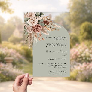 Invitations En Acrylique Roses beiges herbe de la pampa vert sauge arche cl