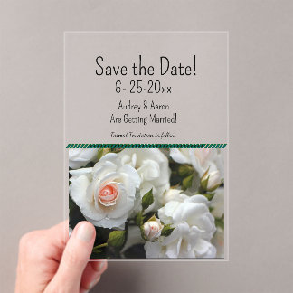 Invitations En Acrylique Roses blanches acryliques Enregistrer la date