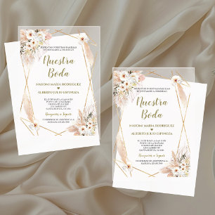 Invitations En Acrylique Roses Blanches du Désert Espagnol Or Nuestra Boda