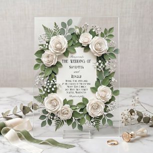 Invitations En Acrylique Roses blanches et Gypsophile Acrylique Mariage