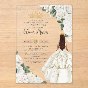 Invitations En Acrylique Roses blanches Floral Princesse Gown Gold Quinceañ