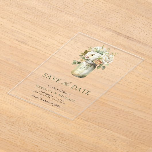 Invitations En Acrylique Roses blanches Mason Jar Mariage Enregistrer la da (Poser)