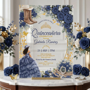 Invitations En Acrylique Roses Bleu de Marine Occidentales Pays Doré Quince