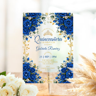 Invitations En Acrylique Roses Bleu Royal Quinceañera Papillons Dorés