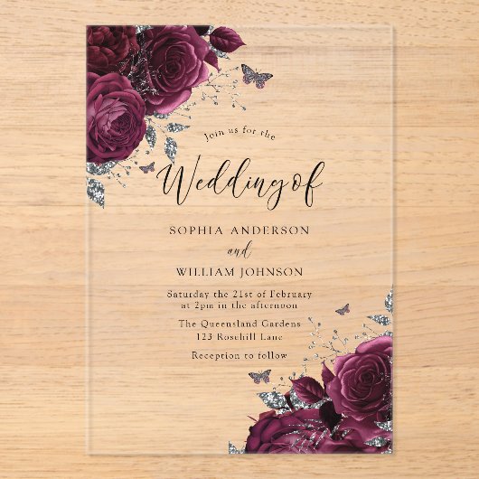Invitations En Acrylique Roses Bourgogne Maroon Avec Mariage Élégant Argent (Recto)