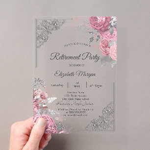Invitations En Acrylique Roses Chic Fleurs Cadre Argent Retraite